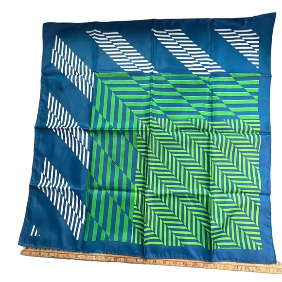 Vintage Geo Stripe Square Scarf Lightweight Neck Wrap Bandana Blue & Green - Picture 1 of 4